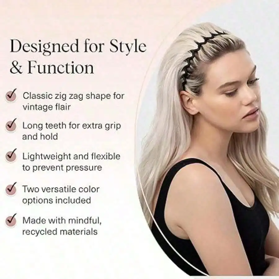 

Zig Zag Headbands For Women Non Slip Hair Comb With Teeth Vintage Style Tortoise Black 2 Pcs