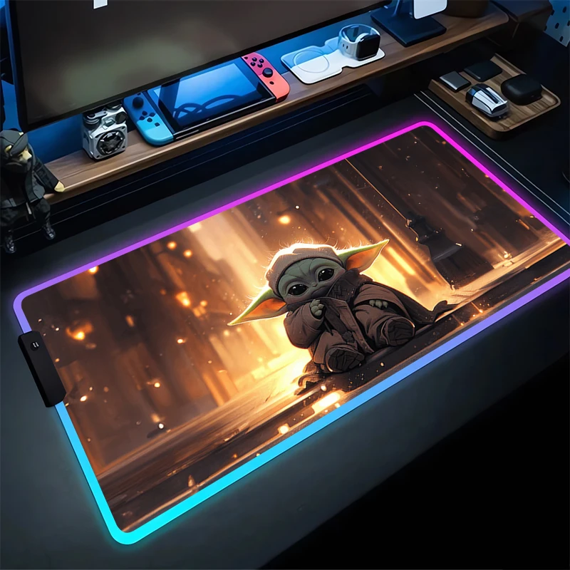 

LED Luminous Mouse Pad Laptop Kawaii Baby Yoda Green Keyboard Rug RGB Computer Star Wars Gamer Cabinet Mousepad Anime Desk Mat