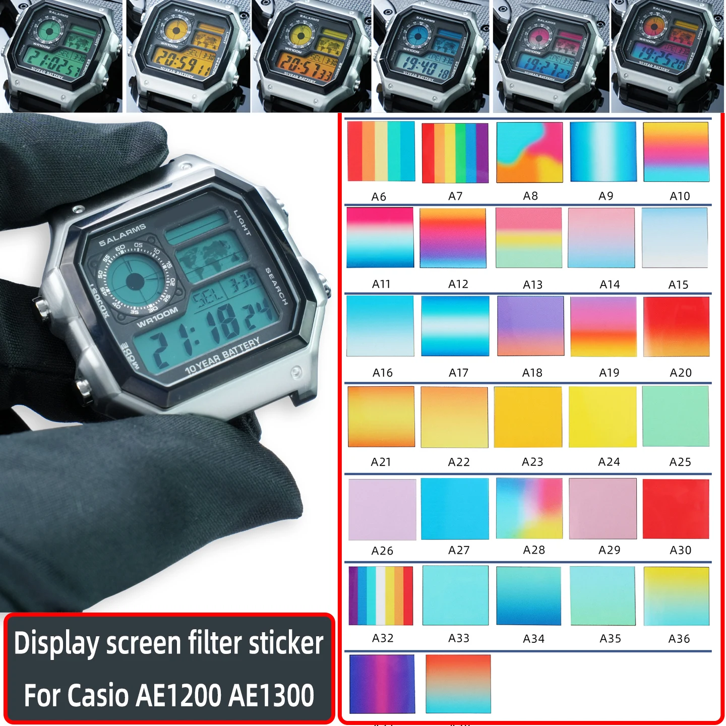 Kit de modification AE1200, écran de remplacement, filtre pour Casio 3299 AE1200 AE1300, film d'affichage couleur, autocollant de remplacement DIY, autocollant de superposition changeant de couleur