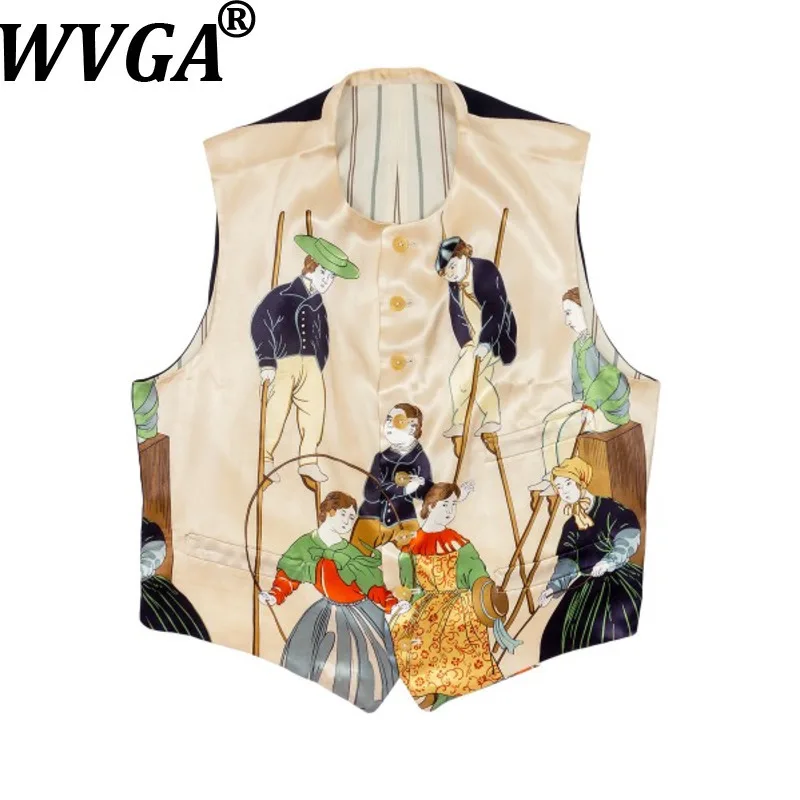 

WVGA Весна Осень Новый Мужской Tide High Street Темная одежда Модный жилет без воротника с принтом Нишевые шикарные повседневные топы на пуговицах Ins Y2K W12978