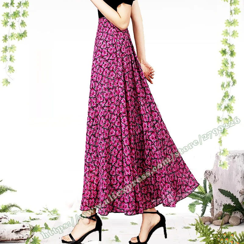 2024 Summer New Female Fashion Red Small Floral Pattern Chiffon A-line Large Plus Size Ladies Long Maxi Skirts for Womens