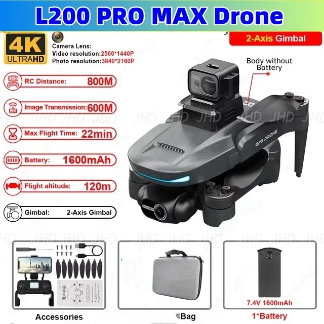 JHD L200 PRO MAX Drone GPS Brushless Motor 4K HD Profesional FPV Drone 2-Axis Gimbal 360° Obstacle Avoidance RC Drone L200 PRO