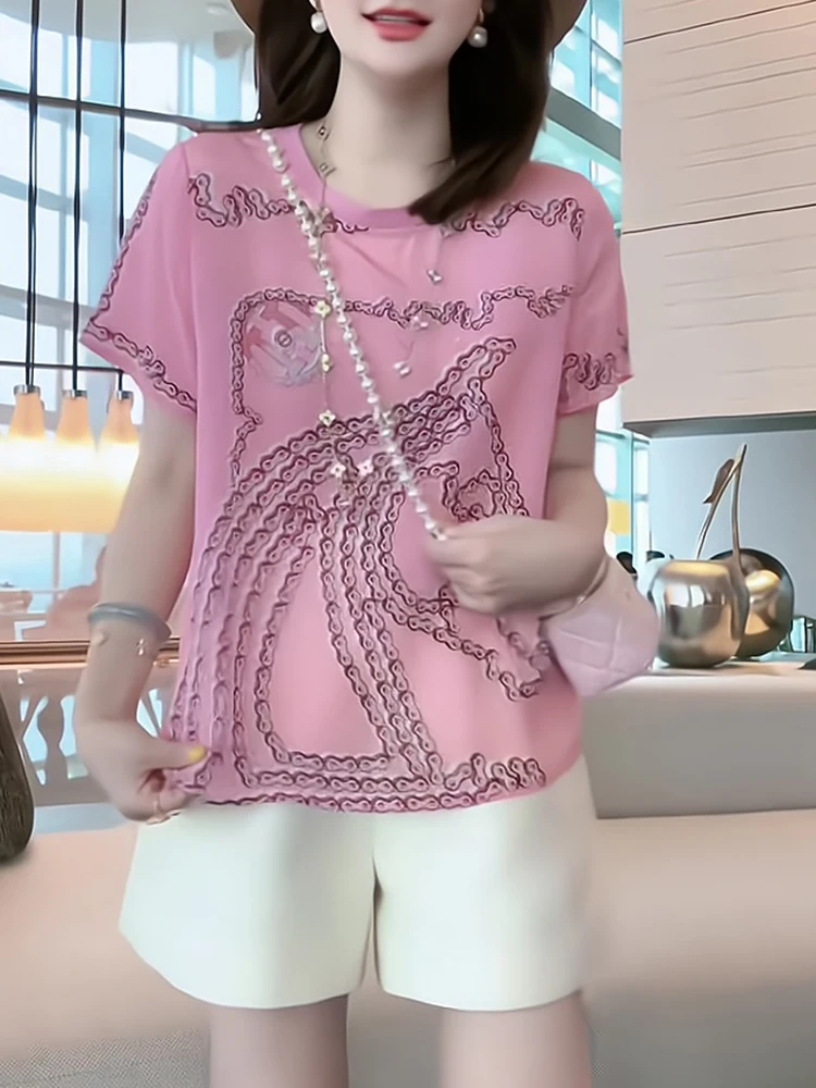

Fashionable Light Pink Floral Print Loose Fit Short Sleeve Women's T-Shirt Spring Summer Stylish Top Korean Style Casual Wear