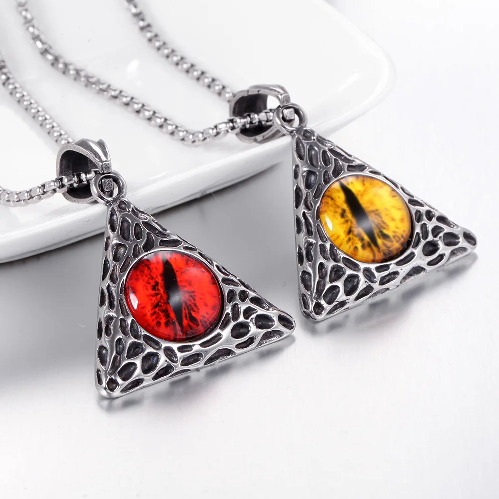 Gothic Red Devil Eye Triangle Pendant Necklace for Men Punk Biker Rock Exorcism Amulet Jewelry