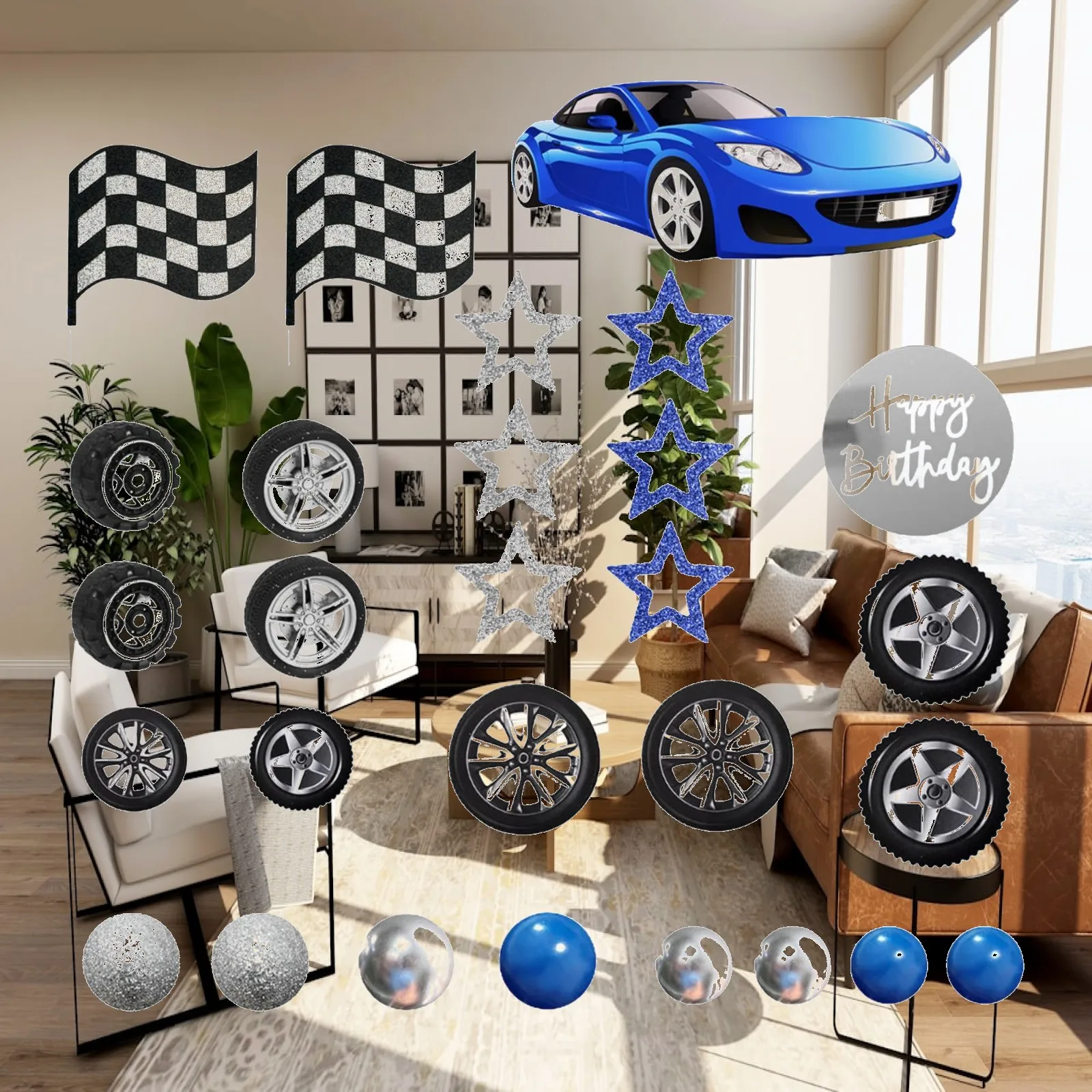 Race Car Birthday Cake Decorations Blue Wheel Topper Foam Paper Plastic Full Set for Boys Racing Theme Celebration Occasions