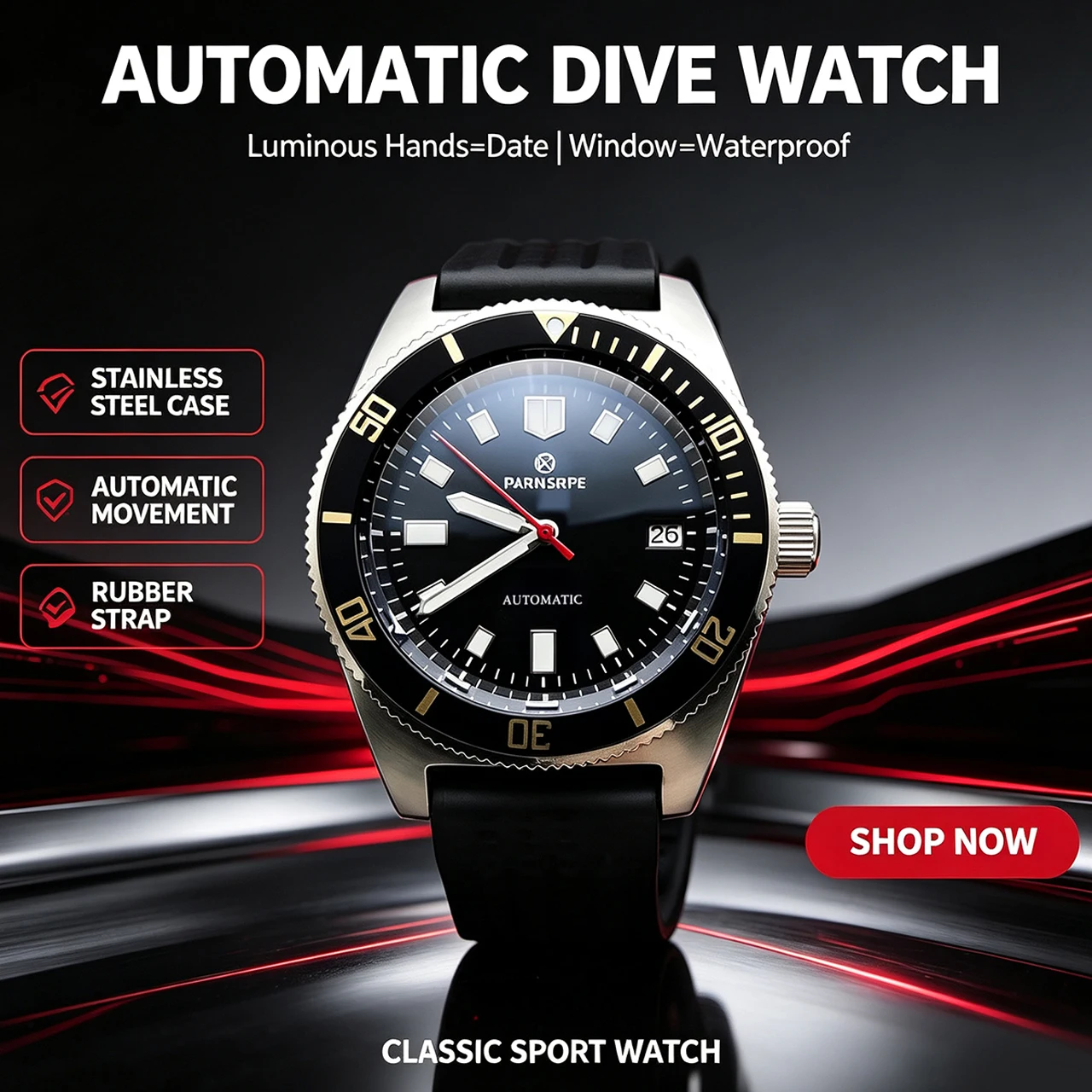 PARNSRPE NH35 Best Seller 42mm Men's Watch, Sapphire Crystal Solid Back Rubber Strap Unidirectional Bezel, Casual Fashion Watch