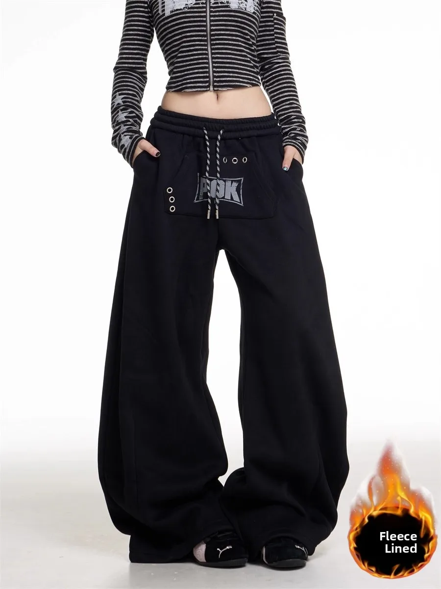 

Ретро-спортивные брюки в американском стиле для женщин: утепленные, свободные, с широкими штанинами, на шнурке, для уличных танцев и повседневной носки