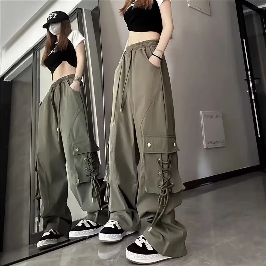 

Knee tied jazz dance pants for women 2025 new military green work pants, American retro sports wide leg pants