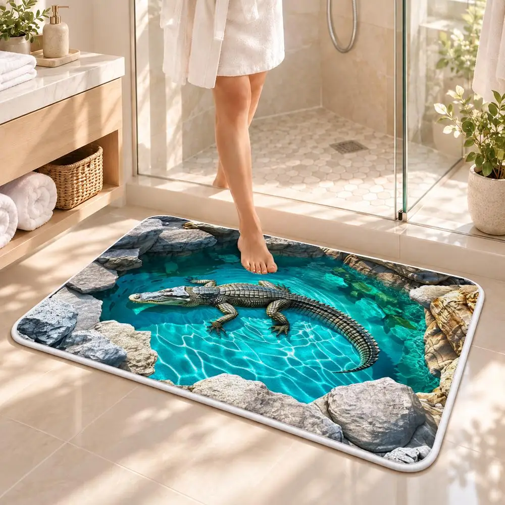 3D Illusion Wildlife Pond Floor Mat Flannel Rug Soft Non Slip Washable Door Mat for Bathroom Bedroom Kitchen Home Decor