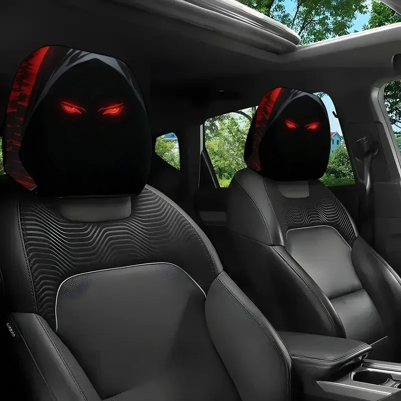 2pcs 2D Flat Headrest Covers, Red-Eyed Hooded Black Shadow Energy Deterrent Print Seat Covers, Seat Protectors,   All-Season Use