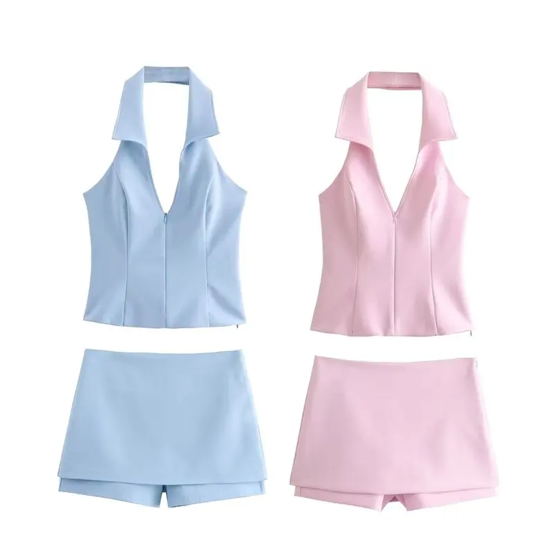 Spring 2024 Women's High Waist Shirt Neck Hanging Style Top Skirt Pants Set Fashionable Workwear for Young Professional Women