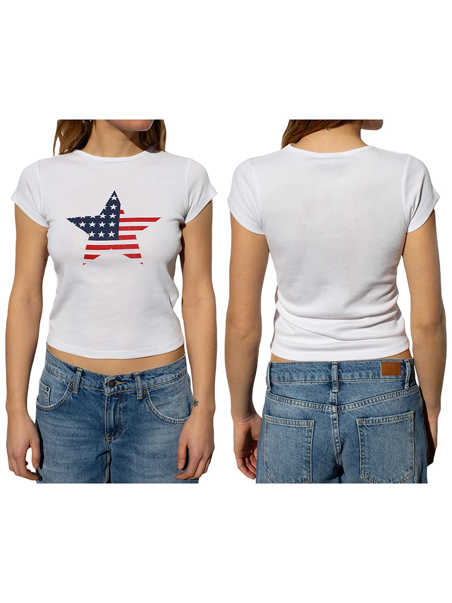 تي شيرت نسائي بقصة ضيقة بطبعة نجوم برقبة مستديرة وأكمام قصيرة ، تي شيرت بعلم الولايات المتحدة ، الرابع من قمم جولي ، غير رسمي #4