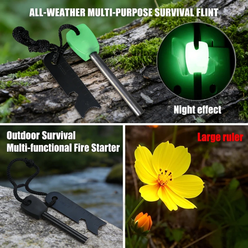 Outdoor Survival Flint Fire Starter | Wooden Handle Multi-Tool , Luminous Waterproof Fire Stick for Camping Hiking Adventure