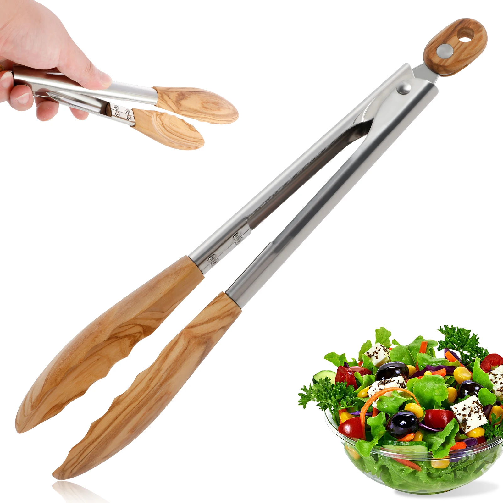 

1 шт. Кухонные щипцы из оливкового/орехового дерева, антипригарные, с фиксатором, многофункциональные, для гриля и перемешивания салатов