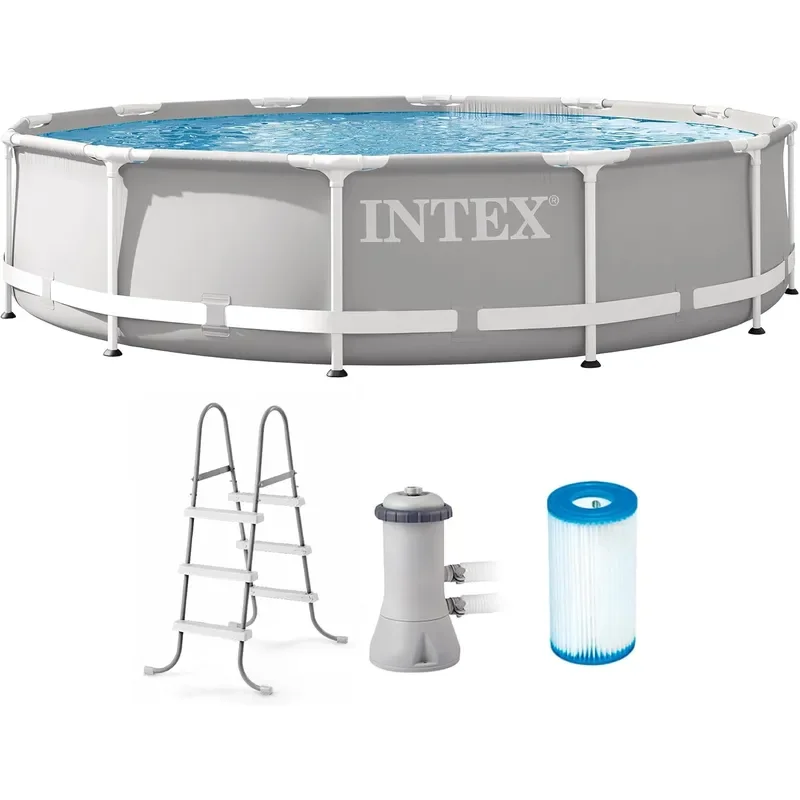 

Intex Prism Frame 12ft x 30in Round Above Ground Outdoor Swimming Pool Set with 530 GPH Filter Pump Steel Frame Ladder Easy