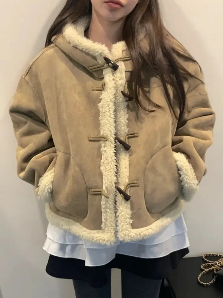 Sli مكافحة الشيخوخة القرن زرر الجلود الفراء Inteated مقنعين Jaet ort Thiened المرأة الملابس القطنية العصرية #3