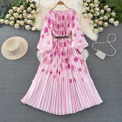 2024 New Fashion Floral Print Maxi Summer Spring Dress Women Lantern Sleeve Holiday Vacation Peacock Evening Party Robe