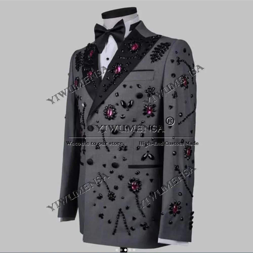 

Elegant Diamond Beads Suits Men For Wedding Black Lapel Double Blazer Pants 2 Pieces Man Banquet Groom Tuxedos Customized Dress