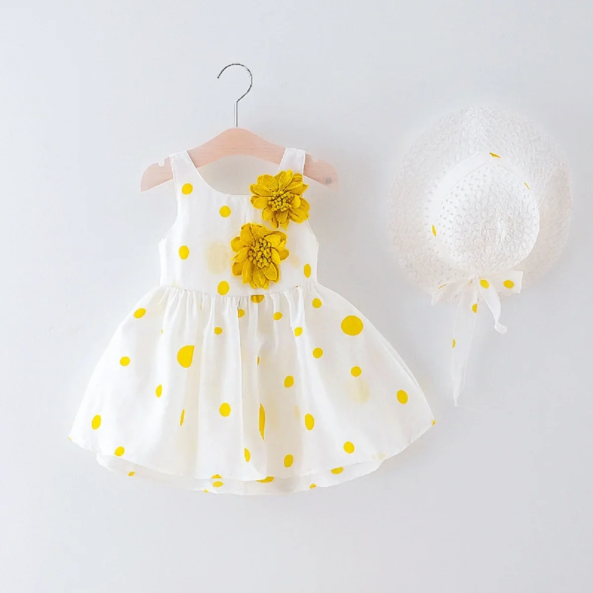 New Summer Girls Dress Floral Embellished Birthday Party Team Dress Polka Dot Full Print + Hat Bow Sweet Princess Dress