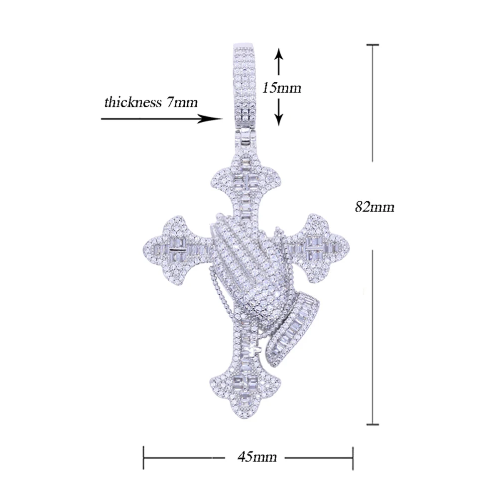 2025 New Iced Out Cross Praying Hands Pendant Necklace 5mm Round Cubic Zirconia Micro Pave Tennis Chain  for Men Hip Hop Jewelry