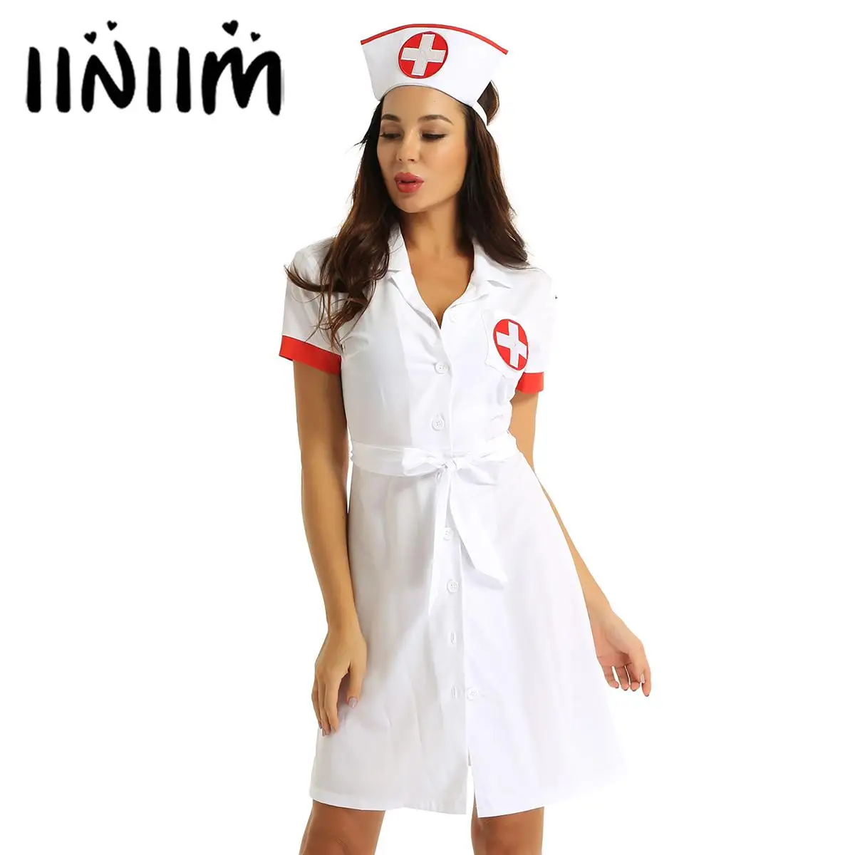 3Pcs Women Adults Nurse Fancy Cosplay Dress Costume Outfit Lapel Collar Doctor Coat Uniform Hospital Dress with Belt And Hat