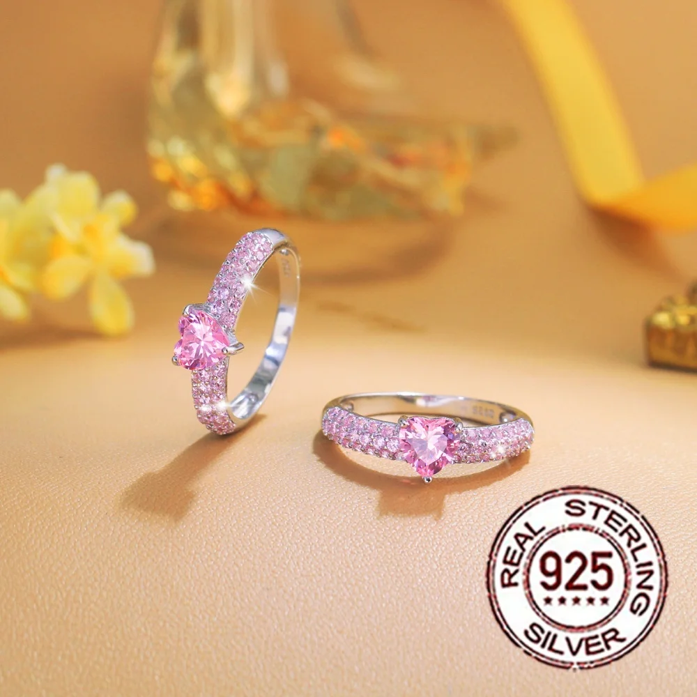 S925 Silberner Herzförmiger Rosa CZ Damen-Versprechensring mit Mikro-Pavé Eternity-Band für Verliebte, Romantischer Schmuck als Geschenk SR109 – Detail 6