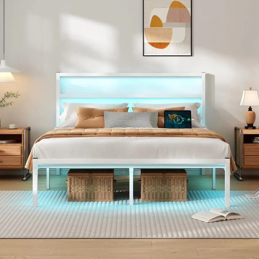 

Full Size Bed Frame with Headboard,Heavy Duty Steel Slats SupportLED Bed Frame with USB Charging Station,Mattress FoundationUnd