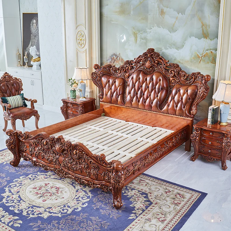 European style solid wood bed master bedroom princess bed dark brown
