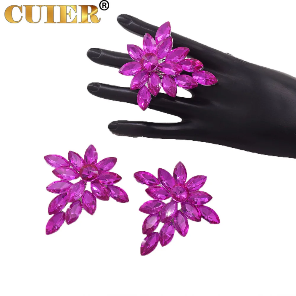 

CUIER Jewelry Set for Women Ring Clip on Earring Match Luxurious Glass Crystal Strass Big Size Accessories for Drag Queen Men