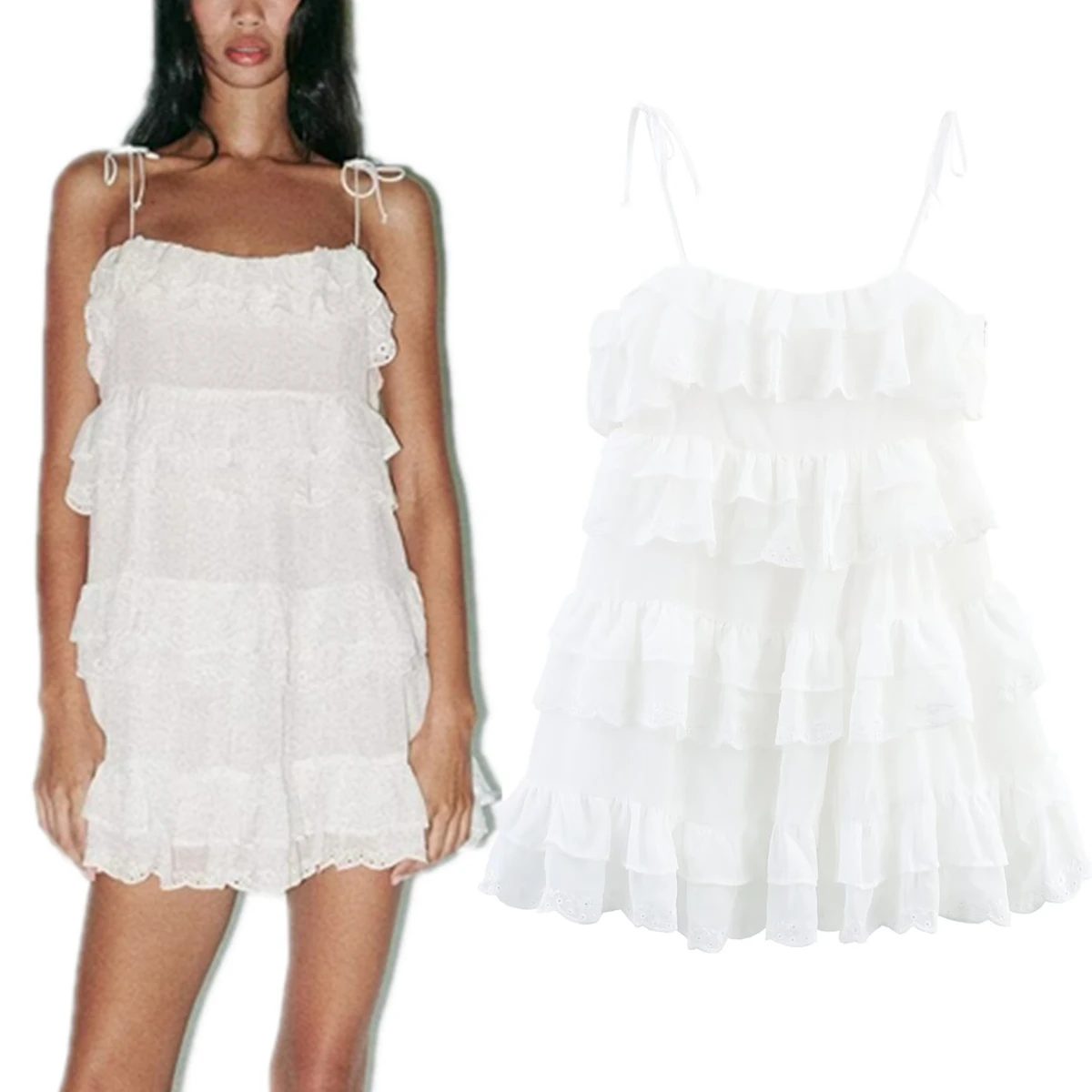 

Dave&Di Nordic Minimal White Embroidery Layered Suspenders Dress Summer Mini Dress Women