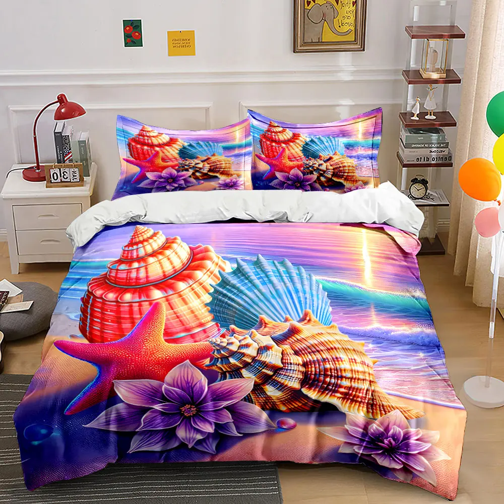 Colorful shells and flowers on beach Print Soft Comfortable Duvet Cover Bedding Set Included 1*Duvet Cover 2*Pillowcases
