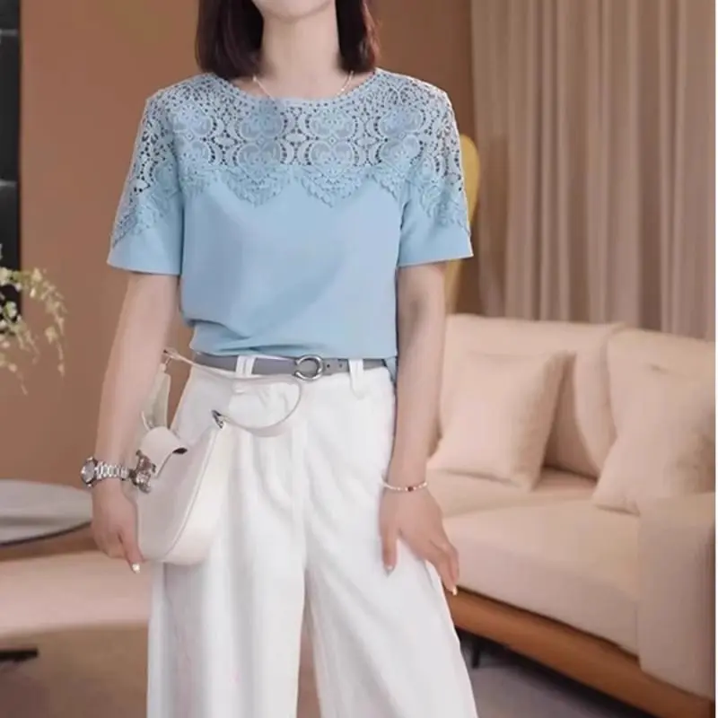Plus Size Women's Pure Cotton Lace Blend Short Sleeve T-Shirt Loose Slimming Right Shoulder Blouse Top