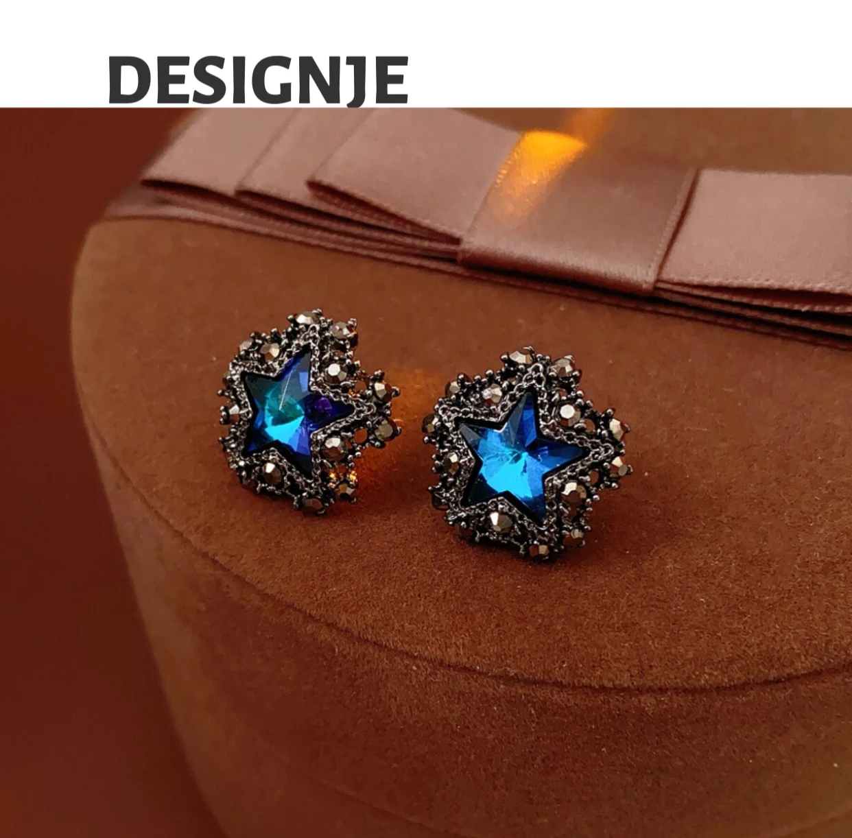 

[Blue Star] Silver Needle Star Round Earrings Women's Luxury Fashion Earrings Versatile High-end Retro Earring