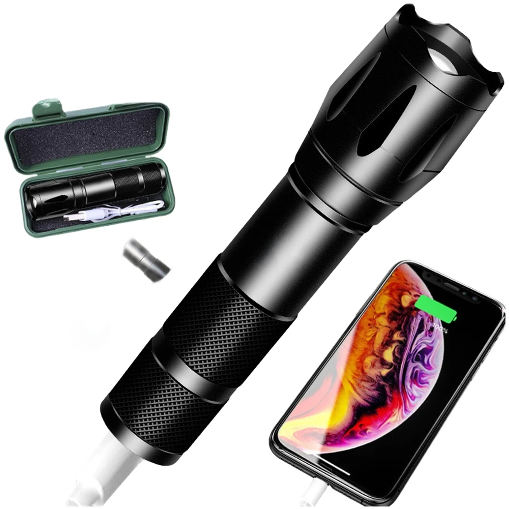 LED Flashlight with Rechargeable Battery and for Power Bank Function Adjustable for zoom Spotlight and Floodlight for Outdoor