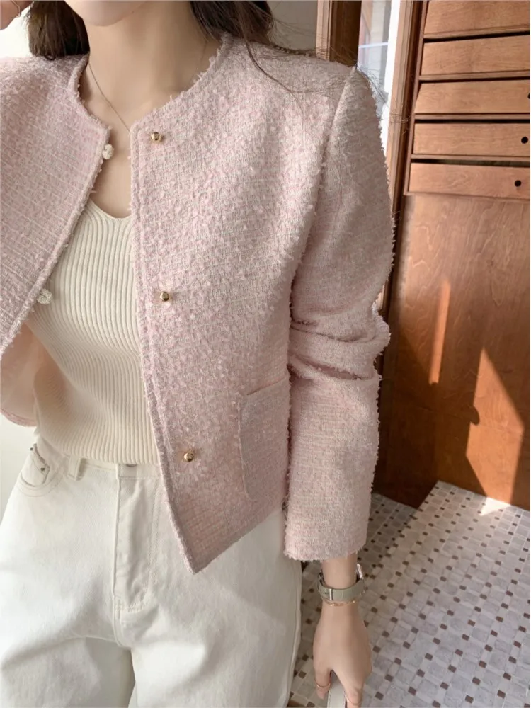 Spring Tweed Pink Coat Women Long Sleeve Casual Loose Fashion Ladies Cropped Jackets Korean Style Woman Coats Manteau Femme