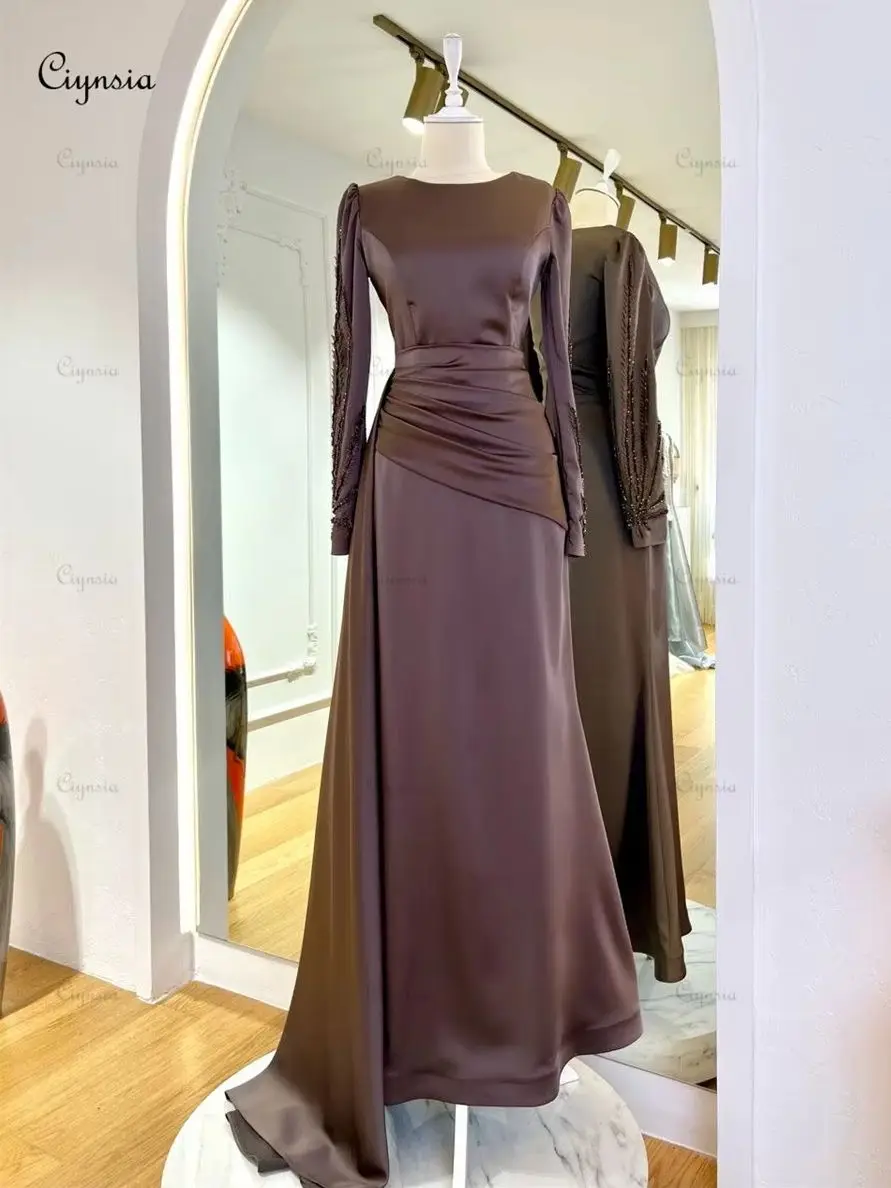 

Ciynsia Customized Glitter Long Sleeves Evening Dress Mermaid Robe De Soiree Muslim Formal Dress Satin Pleated Prom Party Gowns