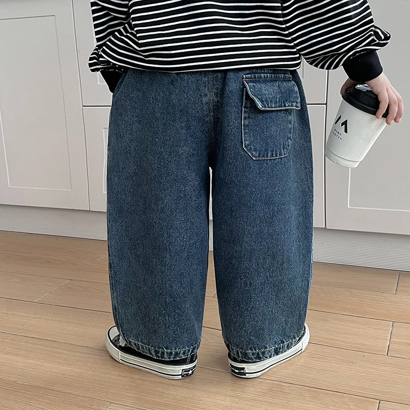 2024 Spring Kids Pants solid color loose straight jeans Boys and girls all-match casual denim trousers