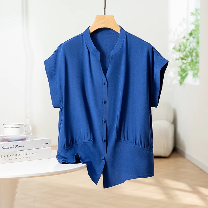 

100% Mulberry Silk Crepe Silk Women Blouse Loose Type Royal Blue Color V-neck Buttons Down Short Sleeve Top Shirt Summer QQ038