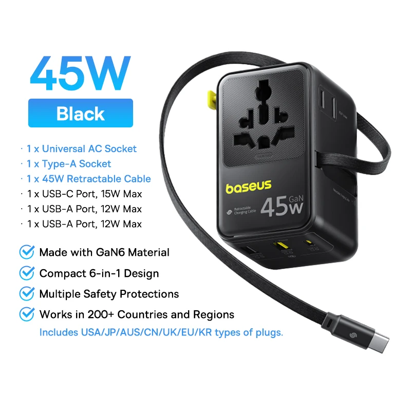 【NIEUW】Baseus 6-IN-1 GaN Telefoonoplader Universele reisadapter 45W/70W Intrekbare kabel 2AC-aansluiting EU/UK/US-stekker USB-oplader