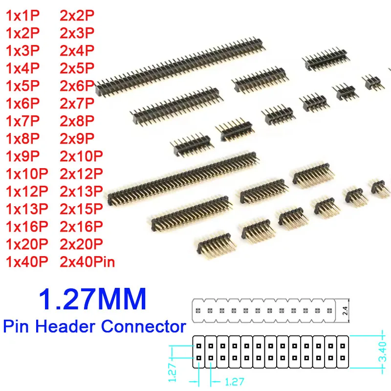 5-50Pcs 1.27 mm Pitch Single Double Row Male Breakaway Pin Header 1*2-40P 2*2-40P Pin Header PCB Board Connector Strip Pinheader