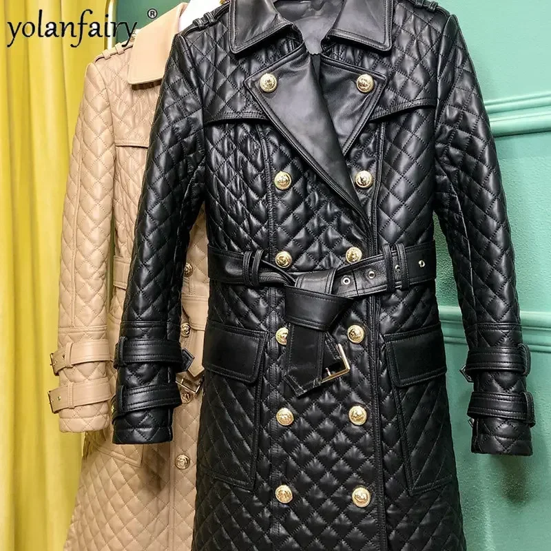 YOLANFAIRY Spring Autumn Genuine Leather Jacket Women Trench Coat Womens Mid-length Sheepskin Elegant Coat for Women Windbreaker