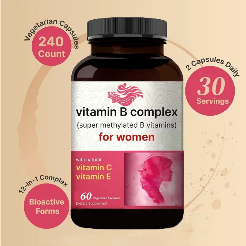 Complejos de vitamina B, C y E para mujer, 60 cápsulas de folla, biotinolín y inositol energía inmune y apoyo prenatal