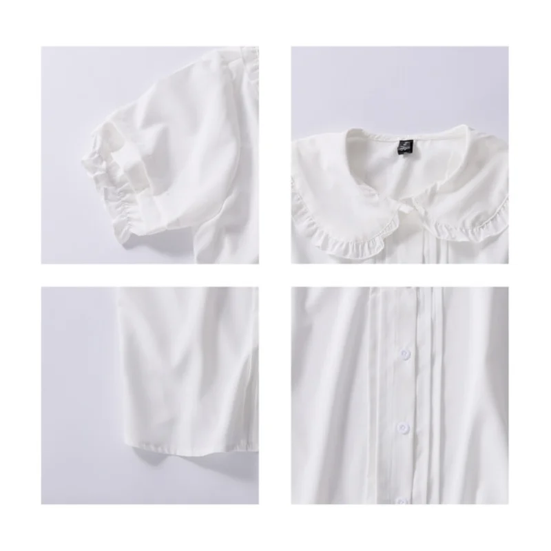 HOUZHOU-Camisa blanca Kawaii para mujer, blusas de estilo Preppy con cuello Peter Pan, Tops de manga corta con volantes, ropa de moda 2021