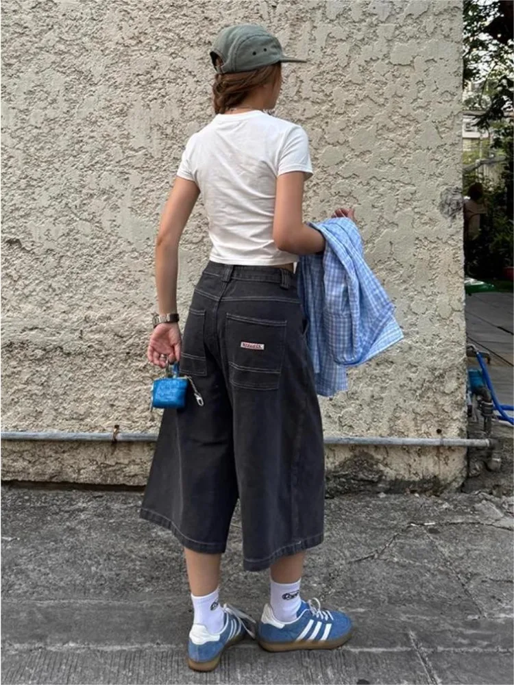HOUZHOU Y2k Vintage Baggy Woman's Jorts Oversized Streetwear Jeans