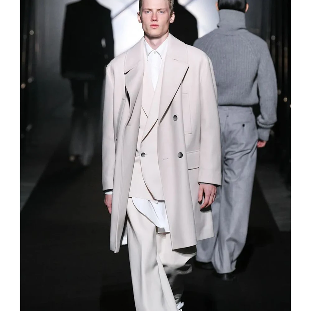 

2026 New Men's Oversized Double-Breasted Notch Lapel Ivory Formal Casual Trench Overcoat Loose Suit Outerwear