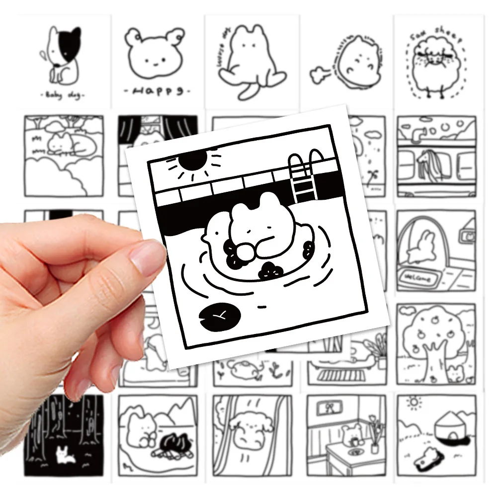 10/30/40pcs Simple Black White Cartoon Stickers Cute Picture Animal Decals For Kids DIY Phone Notebook Fridge Laptop Toys Gift