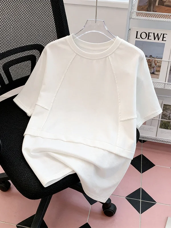 

Summer New plus Size Short Sleeve T-Shirt Korean Design Color Block Slimming Effect Pure Style Women's City Commute Wear