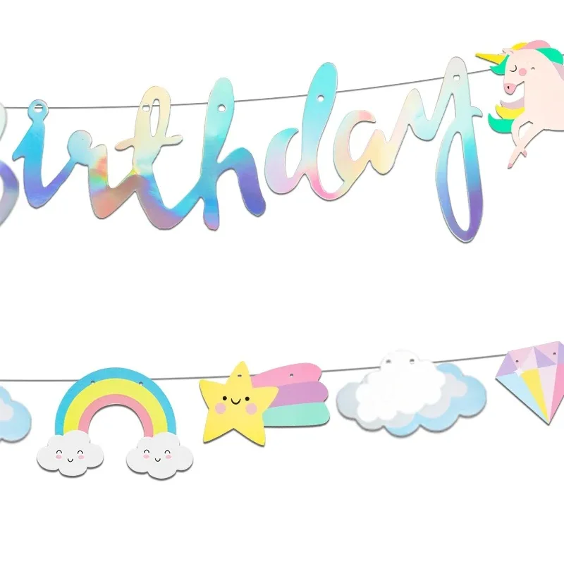 Happy Birthday Streamers unicorn Pull Flag Living Room Garden Mall Cafe Children Birthday Party Decoration Banners