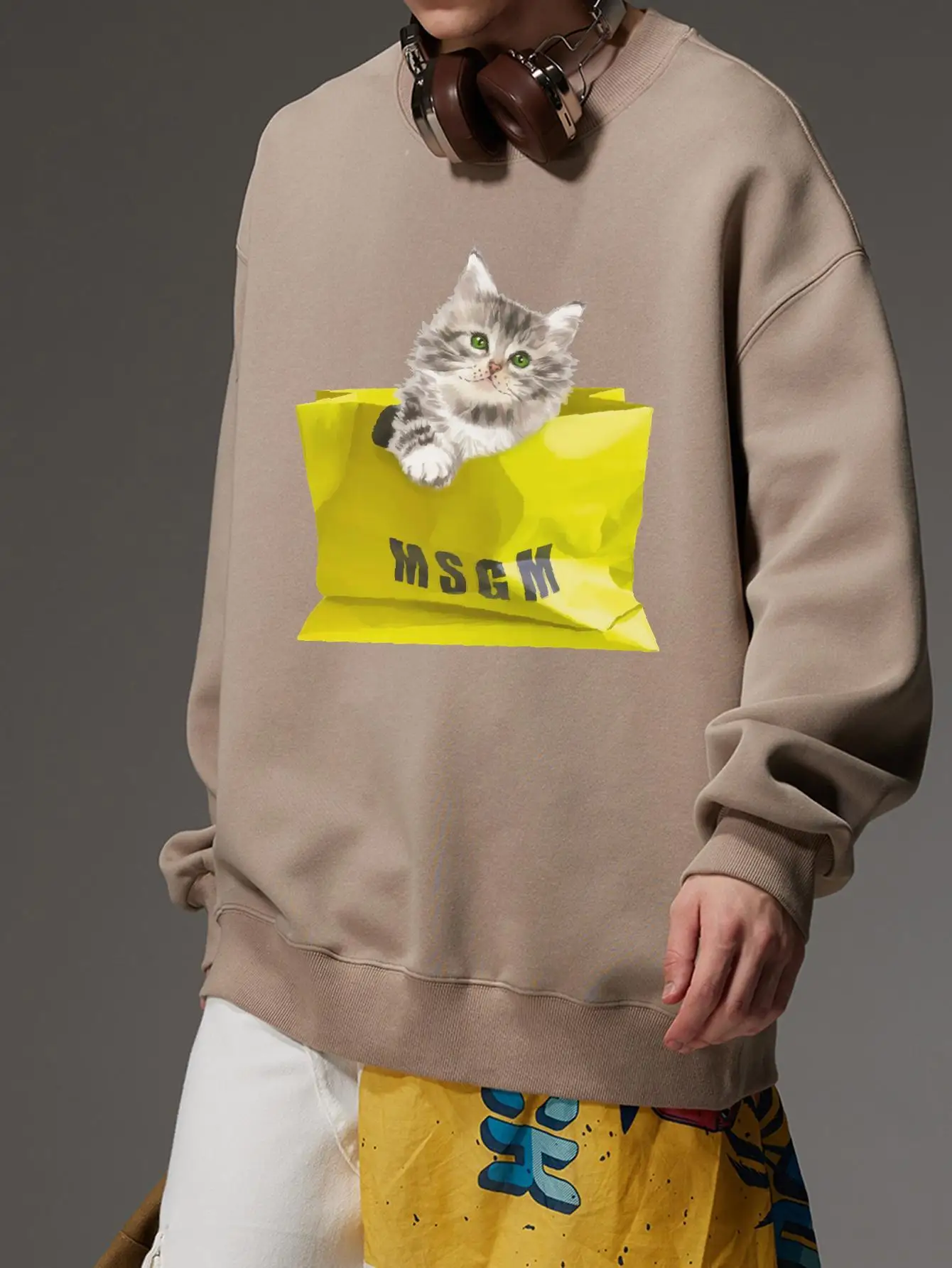 Bag Cat Print Cute Print Men Sweatshirts Korean Style Casual Loose Hoodies Pullovers O-neck Drop Shoulder Male Streetwear