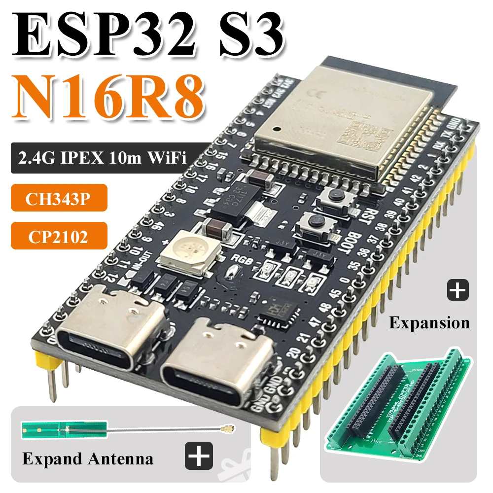 Cartos De Desenvolvimento ESP32 S3 Avec Kit D'adaptateur D Extension, Módulo Wifi BT 2.4G ESP32-S3-1 N8R2 N16R8 44 Broches Tipo-c